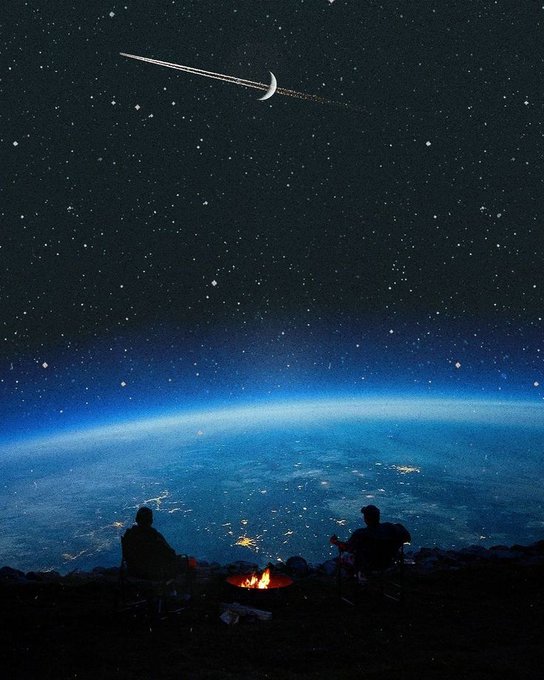 Two silhouetted figures sitting by a campfire on a high vantage point, gazing at Earth from space below, with stars and a crescent moon visible above.