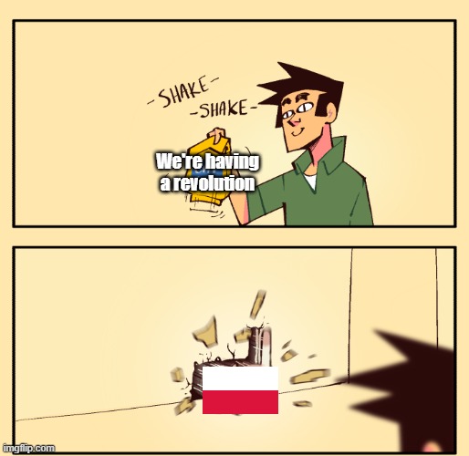 A two-panel meme features a character shaking a yellow object with the text '-SHAKE-SHAKE- We're having a revolution', followed by a second panel where a Polish flag is violently smashed through a wall.