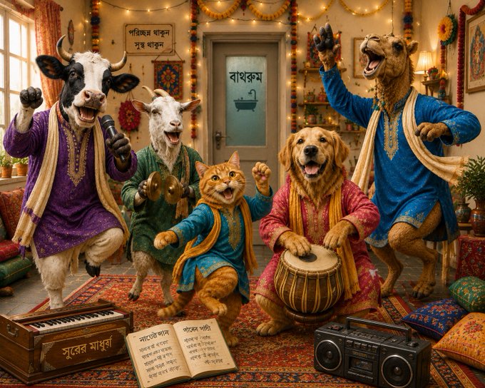 The image features a group of animals dressed up as humans, including a cow, a cat, and two dogs, all dancing together with musical instruments like drums and keyboards. The animals are wearing costumes that resemble traditional Indian clothing, adding cultural context to their performance. A book is also present in the scene, possibly containing lyrics or sheet music for the group's song.
