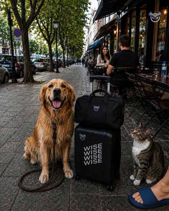 A golden retriever and a tabby cat sitting on a street next to stacked black luggage branded with 'WISE' logos and an owl mascot.