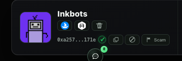 A dark UI card showing the "Inkbots" NFT collection with the address 0xa257...171e, displaying small icons and a "Scam" flag.