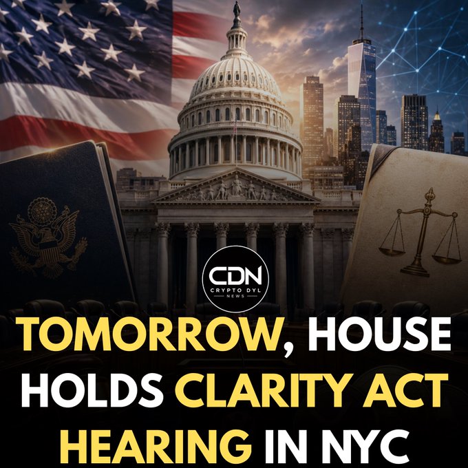 The image is a CryptoDyl News graphic featuring the U.S. Capitol, American flag, and New York City skyline, overlaid with a passport, scales of justice, and the headline "TOMORROW, HOUSE HOLDS CLARITY ACT HEARING IN NYC." It visually announces the upcoming House hearing on the Crypto Clarity Act scheduled for July 17, 2026 at 10AM EST in New York City, emphasizing the intersection of U.S. legislation, governance, and the crypto industry.
