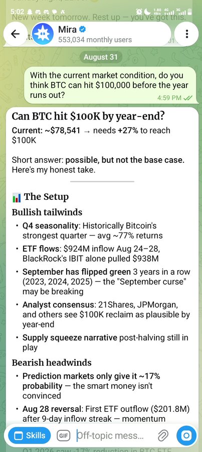 A Telegram chat screenshot with user 'Mira' responding to a question about whether BTC can hit $100K by year-end, analyzing bullish and bearish factors with current price around $78,541.