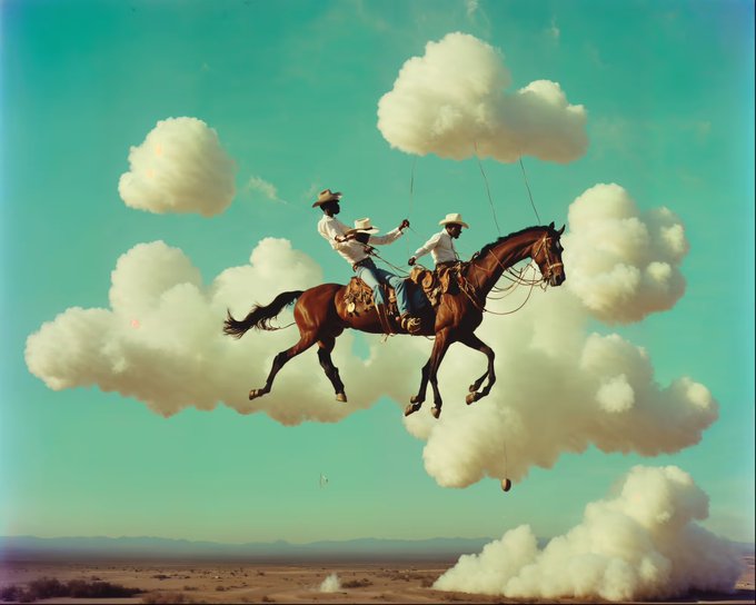 A surreal, dreamlike illustration depicts three cowboys riding a galloping brown horse through the sky, supported by thin strings attached to fluffy white clouds against a teal background.