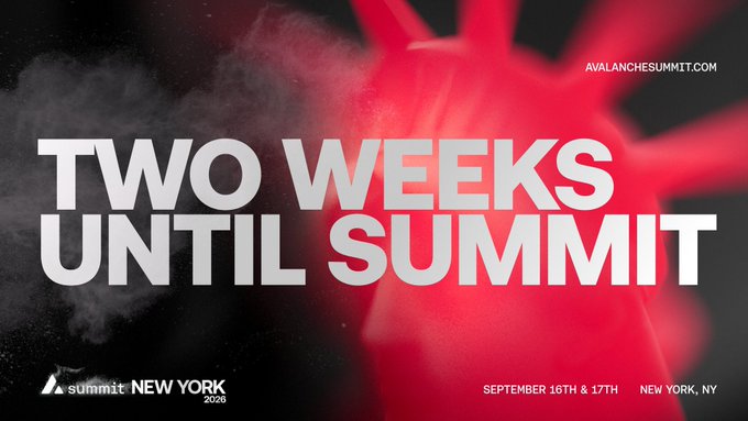 A promotional banner with a red and black background reading 'TWO WEEKS UNTIL SUMMIT' with the 'Avalanche Summit' logo, 'summit NEW YORK 2026' text, and event details 'SEPTEMBER 16TH & 17TH NEW YORK, NY'.