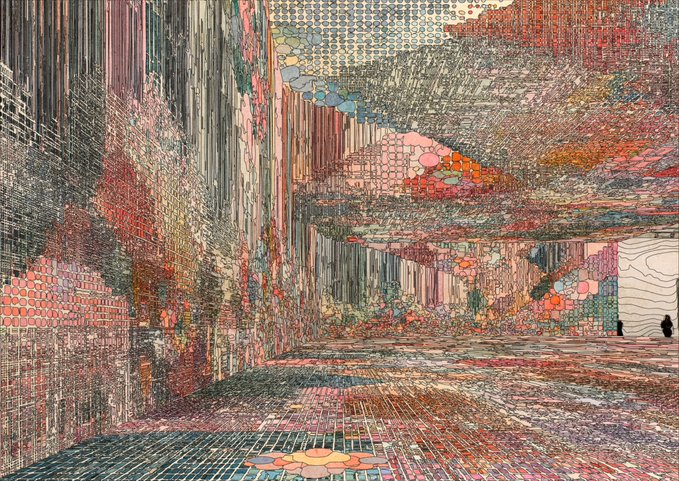 The image features a large abstract painting with a unique style that resembles a digital art piece. The artwork has a grid-like pattern of lines and shapes, creating an interesting visual effect. There are two people present in the scene - one person is standing near the top left corner while another person can be seen closer to the bottom right corner. The image also includes text elements such as "My favorite output from Specular Cortex by @Eko3316" and "@iconic__culture Minting TODAY at  9 am ET on @opensea 1/1/250 presented by @ArtBasel & @iconic_culture".