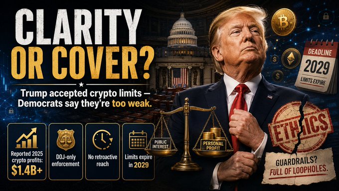 This graphic depicts Donald Trump alongside symbols of crypto, Congress, and a scale tipping towards "Personal Profit" over "Public Interest," highlighting the debate over crypto limits titled "CLARITY OR COVER?" with a deadline of 2029. The visual directly relates to the post's theme of conflicts surrounding crypto regulations and government officials' involvement.