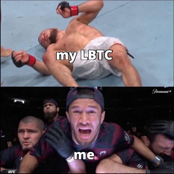The image is a two-panel meme showing a UFC fighter lying defeated on the mat labeled "my LBTC" and an emotional man being restrained by security labeled "me," humorously depicting the owner's distressed reaction to a large Liquid Bitcoin (LBTC) bridge transfer of ~4,000 BTC with an OP Return message from self-proclaimed "whitehats."