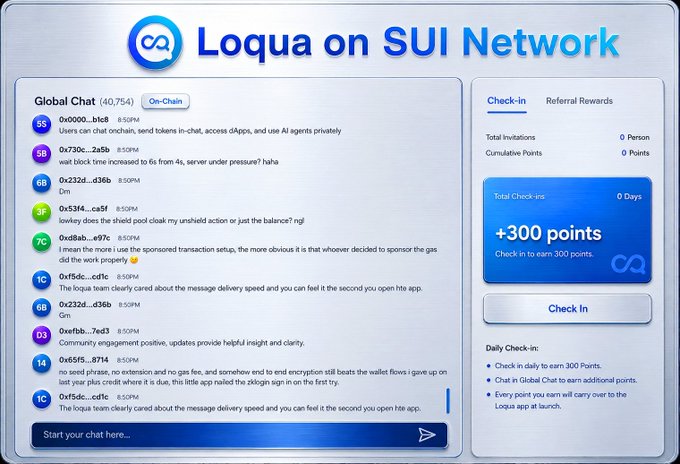 The image shows the Loqua app interface on the SUI Network, featuring a global chat with 40,754 on-chain users discussing topics like chat privacy, block time improvements, and low gas fees, alongside a referral rewards panel displaying a "+300 points" daily check-in incentive for users to earn points toward the Loqua airdrop.