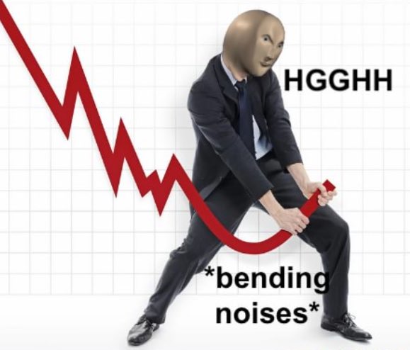 A meme image depicts a man in a suit and mask bending a downward red stock chart like a rainbow, with the text 'HGGHH' and '*bending noises*', representing the 'hold the line' stock market meme.