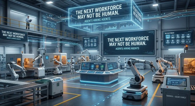 A futuristic factory scene with robotic arms and workers, displaying the slogan 'THE NEXT WORKFORCE MAY NOT BE HUMAN. AGENTS HIRING AGENTS.' on multiple screens.
