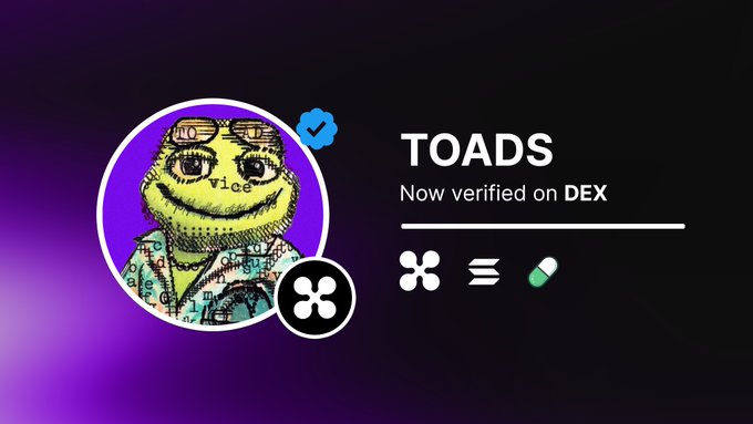 The image shows a promotional graphic for the $TOADS token, featuring a cartoon frog character with "Vice" tattooed on its face set against a purple gradient background. Text announces "TOADS - Now verified on DEX," accompanied by logos for XRP (XRP Ledger), Xahau, and a pill icon, indicating the token's verification across multiple platforms.