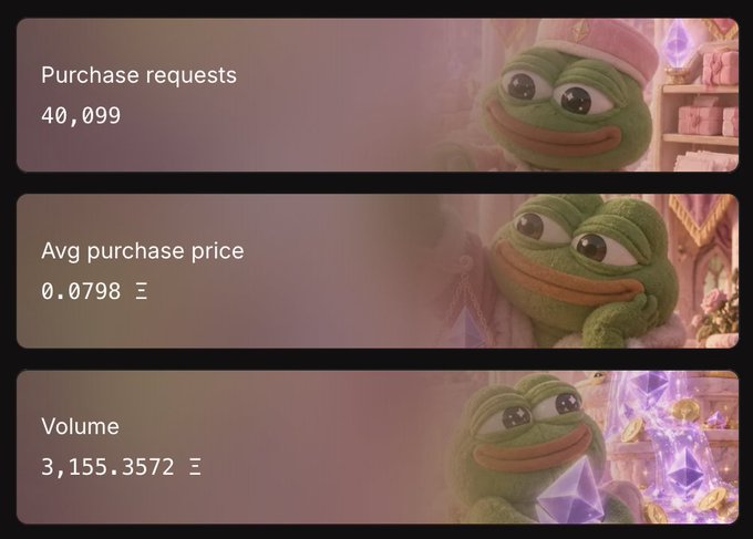 A meme featuring the Pepe the Frog character repeated three times with cryptocurrency statistics: 40,099 purchase requests, 0.0798 avg purchase price, and 3,155.3572 volume.