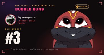 A promotional graphic for the Bubble Buns NFT project featuring a cartoon rabbit character with red and gold markings, labeled "Bubble Buns - Early Entry File" with "Bubble Buns #3" and the username "Aquaremperor" shown as an early entry holder, promoting the AVAX-based collection with 7 early entries displayed.