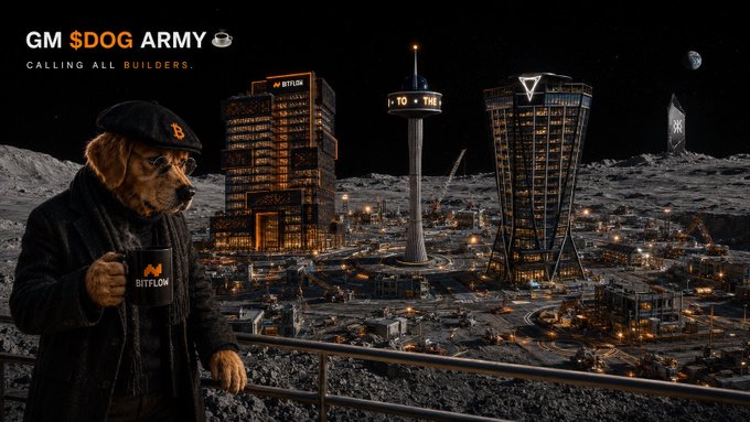 A promotional graphic featuring a dog wearing a beret and jacket holding a mug with the Bitflow logo, set against a futuristic moon cityscape with 'GM $DOG ARMY - CALLING ALL BUILDERS' displayed prominently.