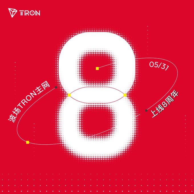 The image features a red background with white text that reads "8 years from the day TRON launched, the market has seen wave after wave of hot trends come and go, but TRON has always been here". The numbers 8 are prominently displayed in the center of the image, surrounded by circles. This design choice creates a visually striking contrast between the red background and white text, making it easy to read and understand.