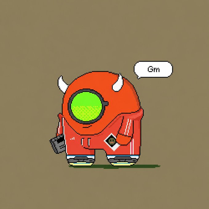 A pixel art character styled after an Among Us crewmate, depicted in a red devil-costumed outfit with horns, hooded sweatshirt, and diamond-shaped badge, says "Gm" in a speech bubble—matching the post's greeting while the red devil aesthetic aligns with the "mint of the day" NFT/collectible theme referenced.