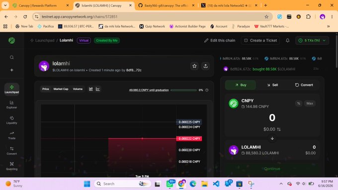 The image features a computer screen displaying an online platform focused on trading cryptocurrencies. It shows that someone has launched their own token, CNPY Network, which currently has eight holders paying $100,000 each. The website, named "@CNPYNetwork", went live just today, and the post encourages people to pay attention to it since the testnet has been running for over an hour with a high concentration of users. The surrounding text further elaborates on this, providing more details about CNPY Network's trading platform.