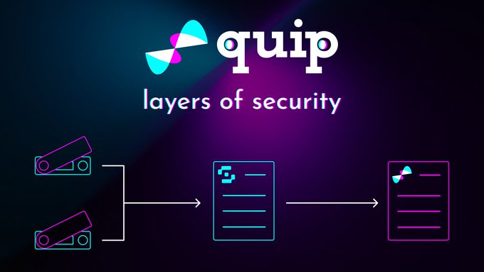 A digital graphic with the 'quip' logo and tagline 'layers of security' on a dark purple background, showing an illustrated flowchart of security cameras connecting to document icons.