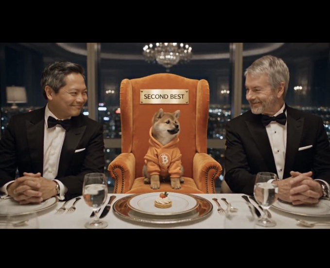 A Shiba Inu dog wearing a Bitcoin-themed hoodie sits in an orange armchair marked 'SECOND BEST' between two men in tuxedos at a formal dinner table with an empty plate.