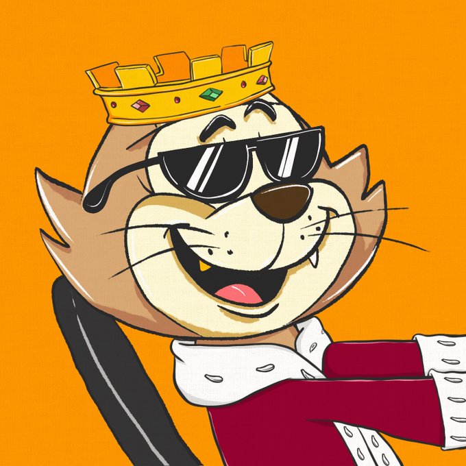 A cartoon illustration of a smiling dog wearing black sunglasses, a golden crown adorned with jewels, and a red and white royal robe against an orange background.