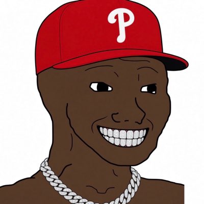 A cartoon illustration of a smiling dark-skinned man wearing a red baseball cap with a white 'P' logo and a silver chain necklace.