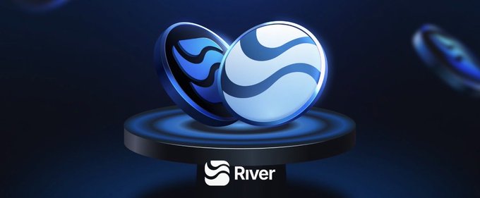 A sleek 3D render features two glossy blue coins with wave patterns displayed on a glowing black pedestal, alongside the "River" logo—visually representing the project's focus on liquidity flow, which ties into the post's message about DeFi needing better capital efficiency rather than more capital.