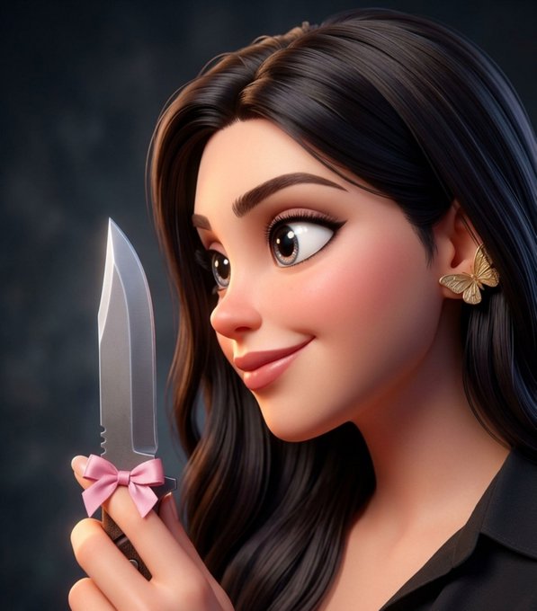 A 3D animated-style portrait of a smiling young woman with long dark hair, gold butterfly earrings, and a pink bow, holding a large silver knife.