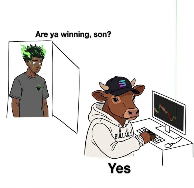 The image is a meme featuring a character in a doorway asking "Are ya winnin', son?" while a bull wearing a hoodie labeled "BULLANA" and a Solana-branded cap confidently responds "Yes" while looking at a trading chart showing a strong upward price movement.

The caption connects to the provided contract address (CcFVSzr9R4HioBCSZKLHT9eYGdAA4Xk9NqeR3qMVUzbG) by humorously suggesting the bull-themed Solana memecoin is "winning" in the market, with the bullish price action on the screen symbolizing its successful performance.