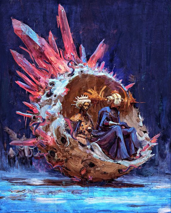 Dark fantasy painting depicting two crowned skeletal figures sitting inside a spiked, shell-like structure against a deep blue background.