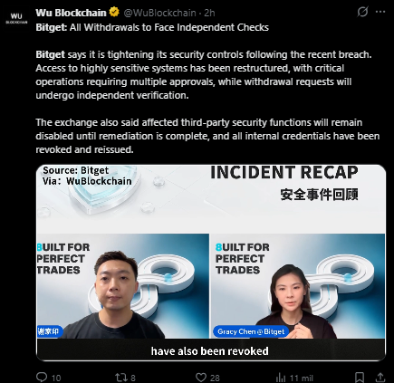 A tweet from 'Wu Blockchain' (@WuBlockchain) reporting on a Bitget security breach, stating that all withdrawals will face independent checks and affected third-party security functions will remain disabled until remediation is complete.