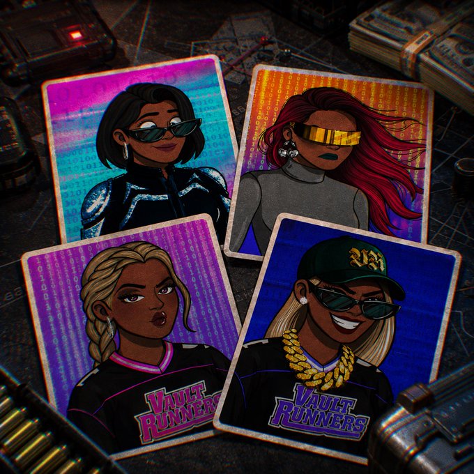 Four stylized illustrated trading cards feature fashionable characters with sunglasses, including two labeled 'VAULT RUNNERS', set against a cyberpunk background with binary code.