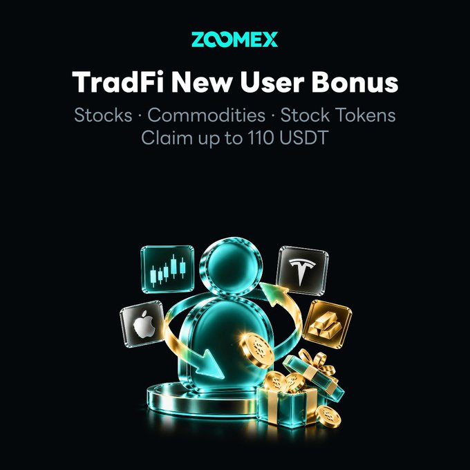 An advertisement for ZOMEX showing a TradFi New User Bonus offer of up to 110 USDT for stocks, commodities, and stock tokens.