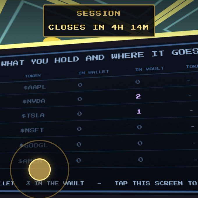 A pixel-art style crypto vault interface showing holdings for tokens including $AAPL, $NVDA, $TSLA, $MSFT, and $GOOGL, with a countdown timer reading 'SESSION CLOSES IN 4H 14M.'
