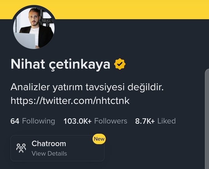 A social media profile screenshot of Nihat Çetinkaya, a verified content creator with 103,000+ followers, 8,700+ likes, and a new chatroom, whose disclaimer reads "Analizler yatırım tavsiyesi değildir" ("Analyses are not investment advice"), illustrating the post's point about building a large social media following through content production alone.