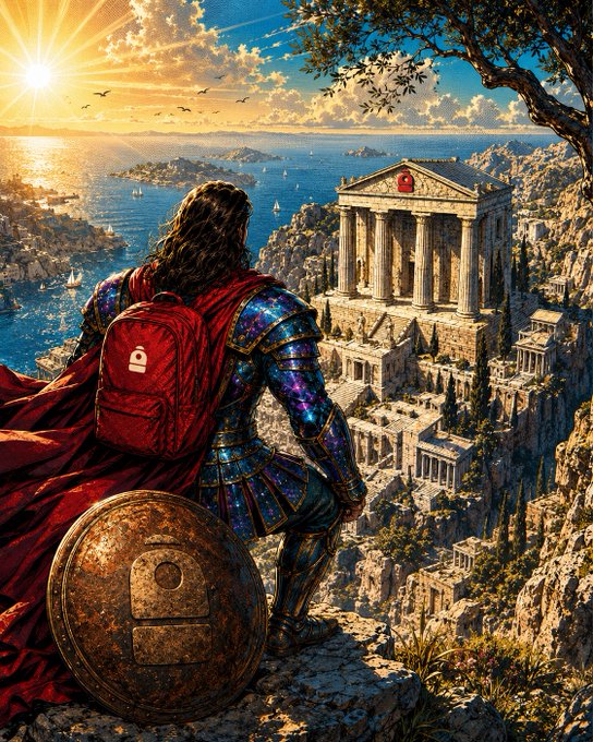A warrior in ornate cosmic armor and a red backpack gazes over a sun-drenched Greek coastline toward a classical temple, with a large golden shield resting beside him. The scene's epic, adventurous spirit of bold exploration mirrors the post's "GM CT Warriors" and "Full send" rallying cry, framing a fearless Sunday charge into the day.