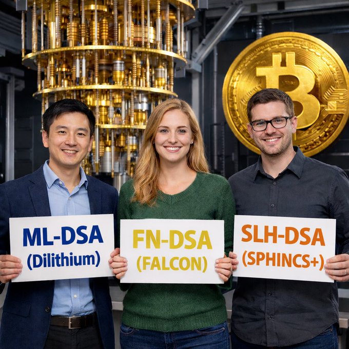 Three people standing in front of a Bitcoin logo and what appears to be a large quantum computer, holding signs for the three NIST post-quantum cryptography standards: ML-DSA (Dilithium), FN-DSA (FALCON), and SLH-DSA (SPHINCS+).