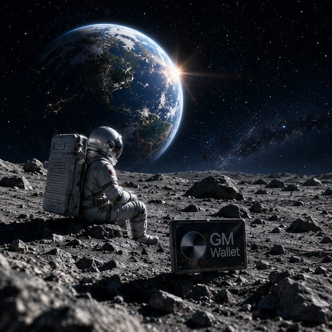 An astronaut sits on the rocky lunar surface gazing at Earth, with a sign displaying 'GM Wallet' and a logo placed beside them.