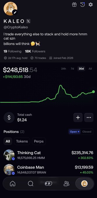 A crypto portfolio screenshot for user "KALEO" (@CryptoKaleo) showing a 30-day gain of +$114,193.65, with positions in Thinking Cat (HMM) valued at $235,314.76 (+302.83%) and Coinbase Man (BRIAN) at $13,199.59 (+45.03%) — illustrating the rapid gains fueling the bullish "$1M+" ambition in the caption.