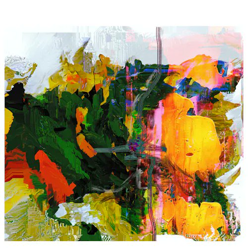This vibrant abstract artwork, titled "Jungle Pulse" by Isika Guha, features dynamic splashes and bold strokes of green, orange, yellow, and pink that evoke the lush energy of a tropical landscape, recently sold for 0.15 ETH.