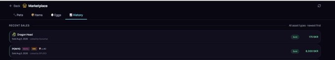 A dark-themed marketplace interface shows a "History" tab listing recent sales, including "Dragon Head" for 179 BKR and "POKYO" for 3,000 BKR.