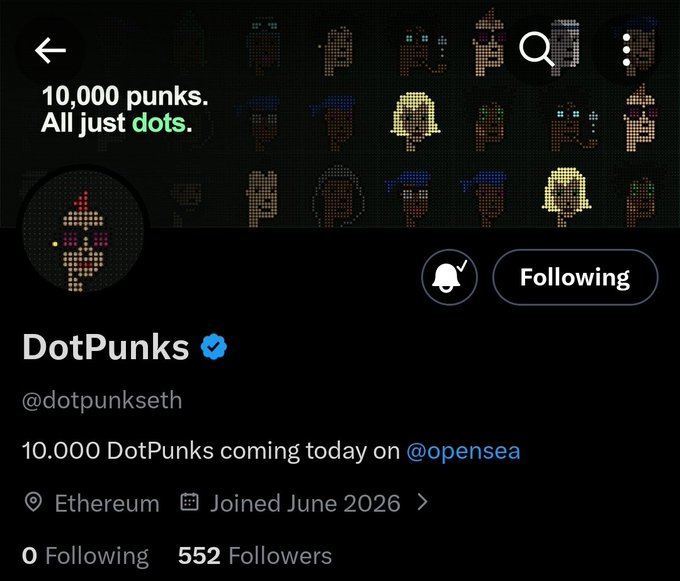 The image shows a Twitter post about DotPunks, an online community for punks. The post includes a photo of a large number of people with various hairstyles and facial features, as well as text that reads "10k Supply Finds @dotpunkseth - joined June 2026 followers count: 5522". The post also mentions the hashtag "#openseas" and "@dotpunkseth".