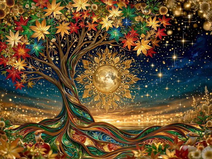 A vibrant, colorful digital artwork featuring a tree with rainbow-colored leaves and a glowing golden sun with a moon in the center, set against a starry night sky.