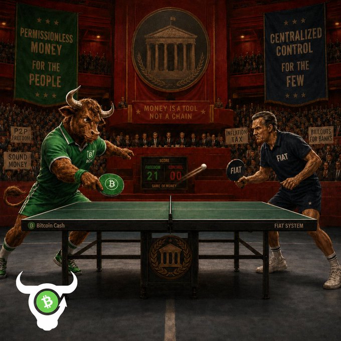 A Bitcoin Cash promotional illustration depicting a ping pong match between a bull representing 'Bitcoin Cash' (Freedom) and a man representing the 'Fiat System', with banners reading 'Permissionless Money for the People' and 'Centralized Control for the Few'.