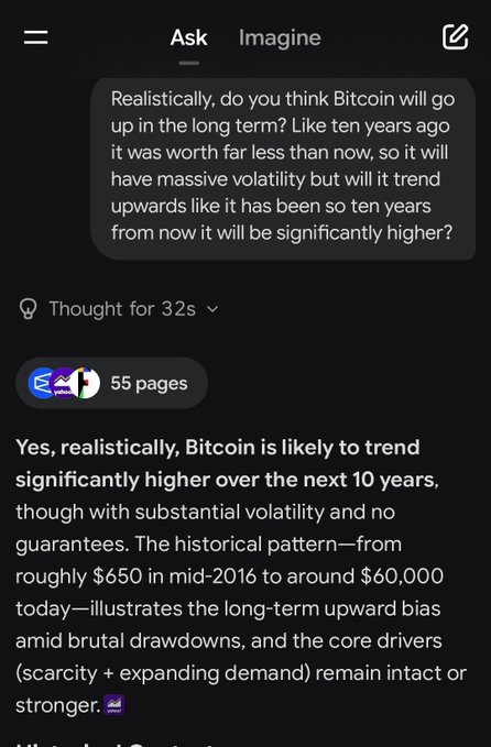 The image shows a Grok AI chat response predicting that Bitcoin will trend significantly higher over the next 10 years, citing historical growth from around $650 in 2016 to $60,000 now, while noting substantial volatility. This relates to the post where the user, who primarily holds Solana and XRP, consulted Grok for its perspective on Bitcoin's long-term prospects before deciding on their investment stance.