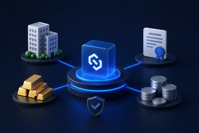 A 3D illustration showing a central blue cube with a chain link symbol connected by glowing lines to icons of buildings, a certificate, gold bars, and stacks of silver coins, representing a blockchain or digital asset ecosystem.