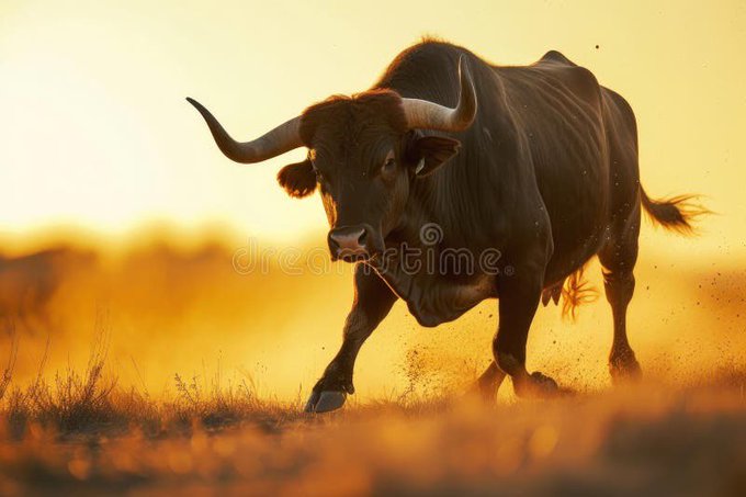 A powerful dark-colored bull with large curved horns charges through a sunlit, dusty field at golden hour, kicking up clouds of dirt.