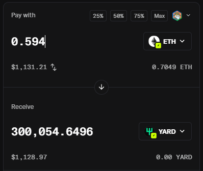 A cryptocurrency exchange interface showing a swap of 0.594 ETH ($1,131.21) for 300,054.6496 YARD ($1,128.97), with options to pay 25%, 50%, 75%, or Max.