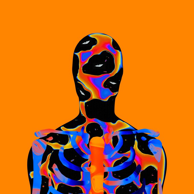 A digital illustration shows a humanoid figure with a black silhouette covered in colorful, swirling patterns of blue, red, yellow, and purple against an orange background.