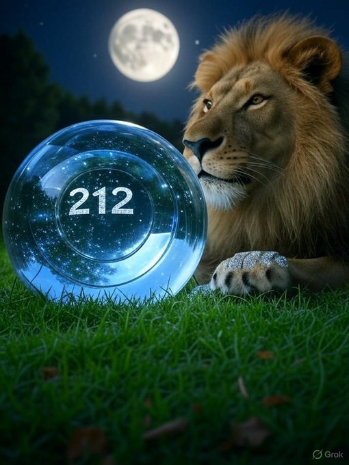 A photorealistic digital image features a lion resting on grass under a full moon, gazing at a glowing blue orb displaying the number '212', with a 'Grok' watermark in the bottom right.